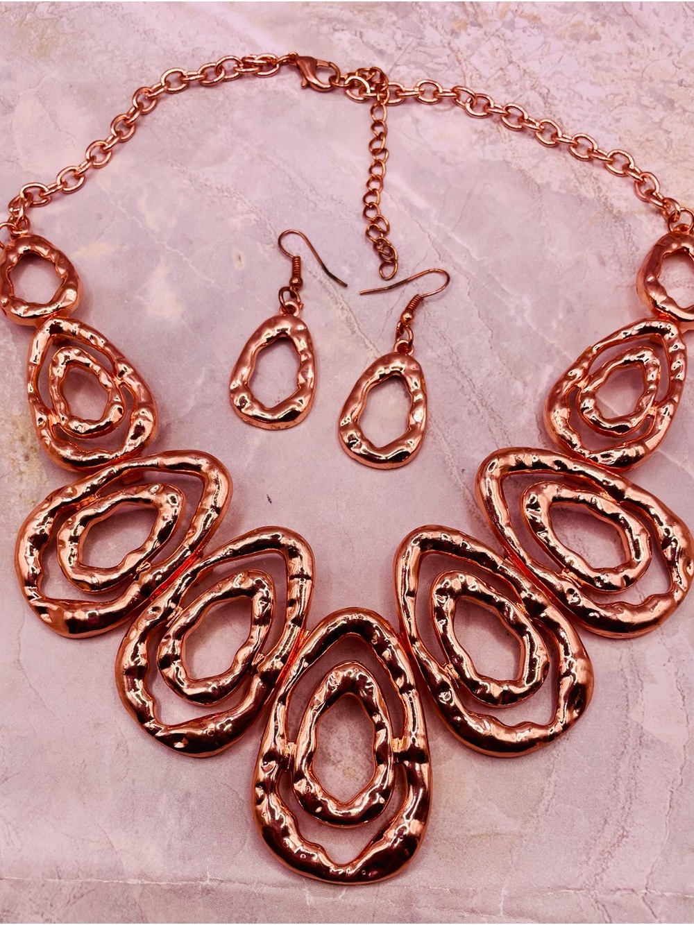 Rose Gold Abstract Teardop Statement Necklace and Earring Set.